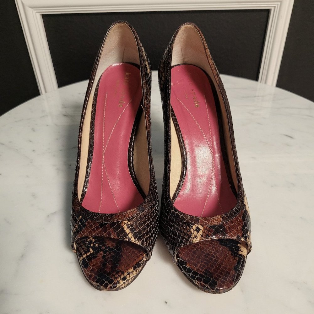 Kate Spade Brown Snake Print Peep Toe Leather Pumps Size 7.5 (Italy)